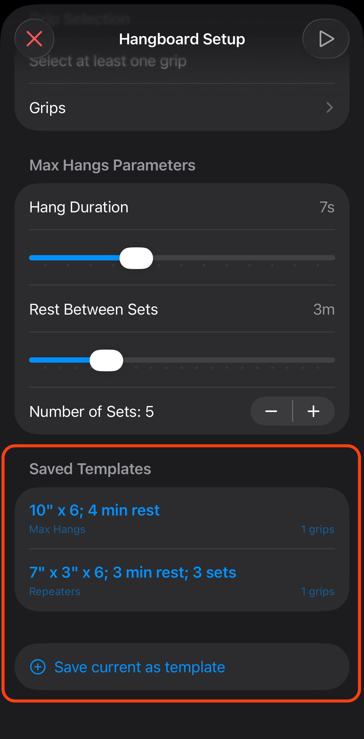 Hangboard template library showing saved protocol configurations
