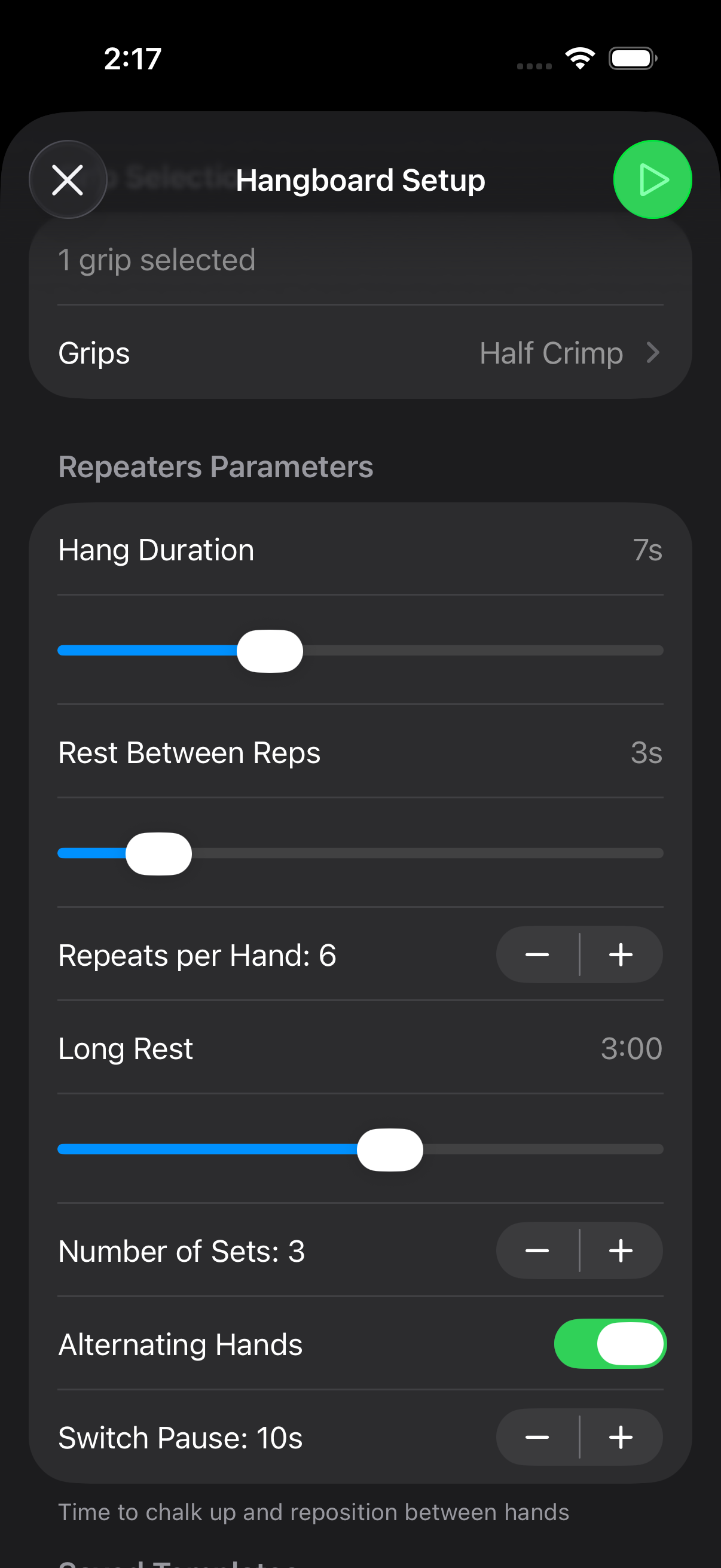 Hangboard template library showing saved protocol configurations